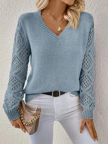 SHEIN Clasi Solid Pointelle Knit V Neck Sweater,Long Sleeve Tops,Knitted Sweater In Fall/Winter - Blue - View 1