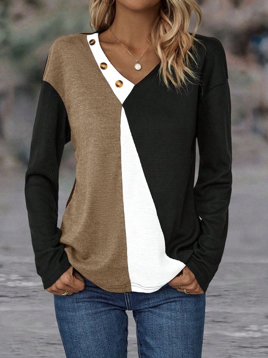 EMERY ROSE Colorblock Button Detail Drop Shoulder Tee Graphic Tees Women Tops - Multicolor - View 1