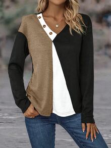 EMERY ROSE Colorblock Button Detail Drop Shoulder Tee Graphic Tees Women Tops - Multicolor - View 4