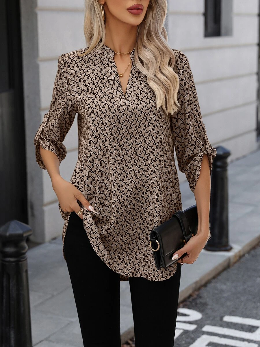 EMERY ROSE Allover Print Roll Tab Sleeve Curved Hem Blouse,Three Quarter Sleeve Tops - Khaki - View 1