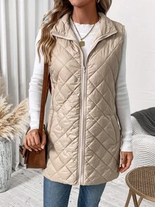 SHEIN Clasi Solid Color Quilted Zipper Front Vest Jacket In Fall/Winter - Apricot - View 4