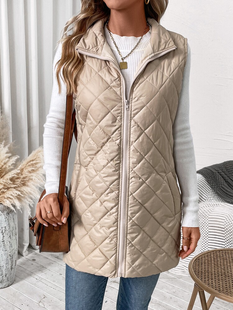 SHEIN Clasi Solid Color Quilted Zipper Front Vest Jacket In Fall/Winter - Apricot - View 4