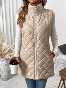 SHEIN Clasi Solid Color Quilted Zipper Front Vest Jacket In Fall/Winter - Apricot - View 1