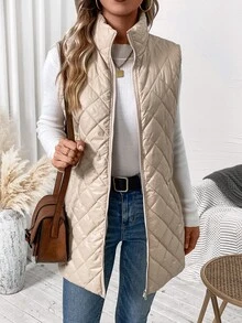 SHEIN Clasi Solid Color Quilted Zipper Front Vest Jacket In Fall/Winter - Apricot - View 7