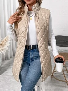 SHEIN Clasi Solid Color Quilted Zipper Front Vest Jacket In Fall/Winter - Apricot - View 3