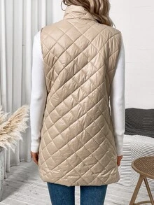 SHEIN Clasi Solid Color Quilted Zipper Front Vest Jacket In Fall/Winter - Apricot - View 2