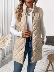 SHEIN Clasi Solid Color Quilted Zipper Front Vest Jacket In Fall/Winter - Apricot - View 5
