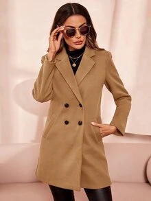 SHEIN Clasi Abrigo de lana de doble botonadura para mujer en otoño/invierno - Caqui - Ver 6