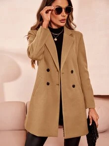 SHEIN Clasi Abrigo de lana de doble botonadura para mujer en otoño/invierno - Caqui - Ver 5