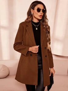 SHEIN Clasi Women's Double-Breasted Woolen Coat In Fall/Winter - Coffee Brown - View 4