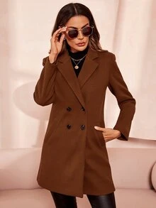 SHEIN Clasi Women's Double-Breasted Woolen Coat In Fall/Winter - Coffee Brown - View 7