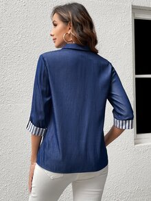 EMERY ROSE Women's Striped Floral Patchwork Solid Color Folded Cuff Open Front Arc Hem Spring Blouse - Blue - View 2