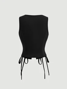 SHEIN MOD 夏季實色交叉綁帶黑色側邊帶細肩背心 - 黑色 - 查看 3