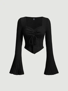 SHEIN MOD Black Bell Sleeves Drawstring Texture Women's Long Sleeve T-Shirt With Asymmetric Hemline - Black - View 1