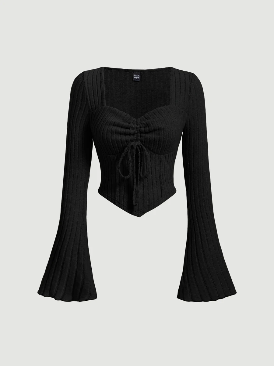 SHEIN MOD Black Bell Sleeves Drawstring Texture Women's Long Sleeve T-Shirt With Asymmetric Hemline - Black - View 1
