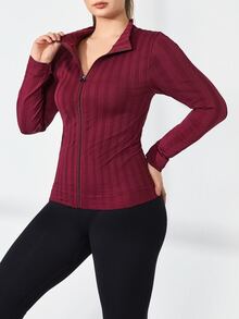 SHEIN Sports Women's Plus Size Seamless Zip Up Slim Fit Sports Jacket - Burgundy - View 4