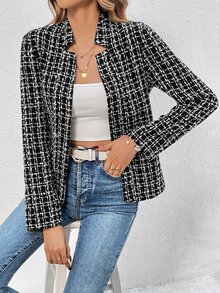 SHEIN Women's Plaid Notched Collar Open Front Blazer Jacket Fall Cloth For Women - Black - View 4