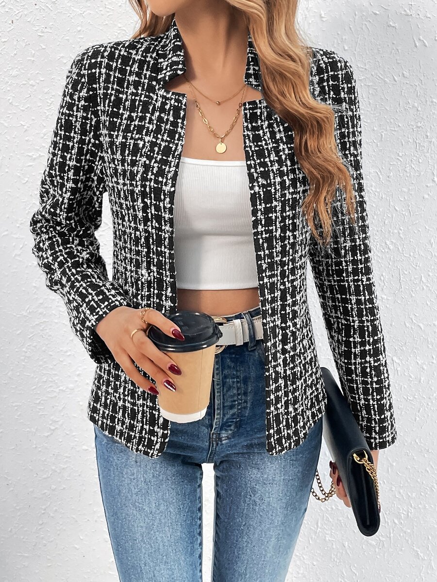 SHEIN Chaqueta Tipo Blazer Con Cuello Con Muescas Y Frente Abierto Para Mujer - Negro - Ver 1
