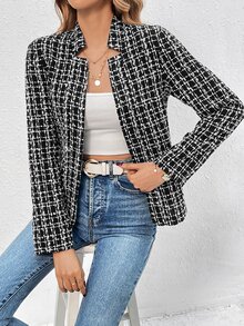 SHEIN Women's Plaid Notched Collar Open Front Blazer Jacket Fall Cloth For Women - Black - View 6