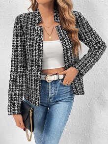 SHEIN Women's Plaid Notched Collar Open Front Blazer Jacket Fall Cloth For Women - Black - View 5