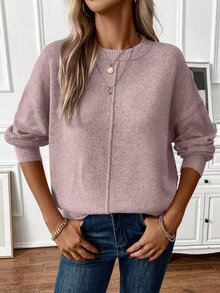 EMERY ROSE Suéter de punto de hombros caídos de unicolor para mujer, para otoño e invierno - Rosa vieja - Ver 6
