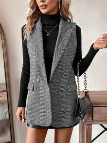 Easowa Women's Sleeveless Herringbone Blazer In Autumn/ Teachers' Day Office Business Black And White Casual Business Professional - Black - View 4