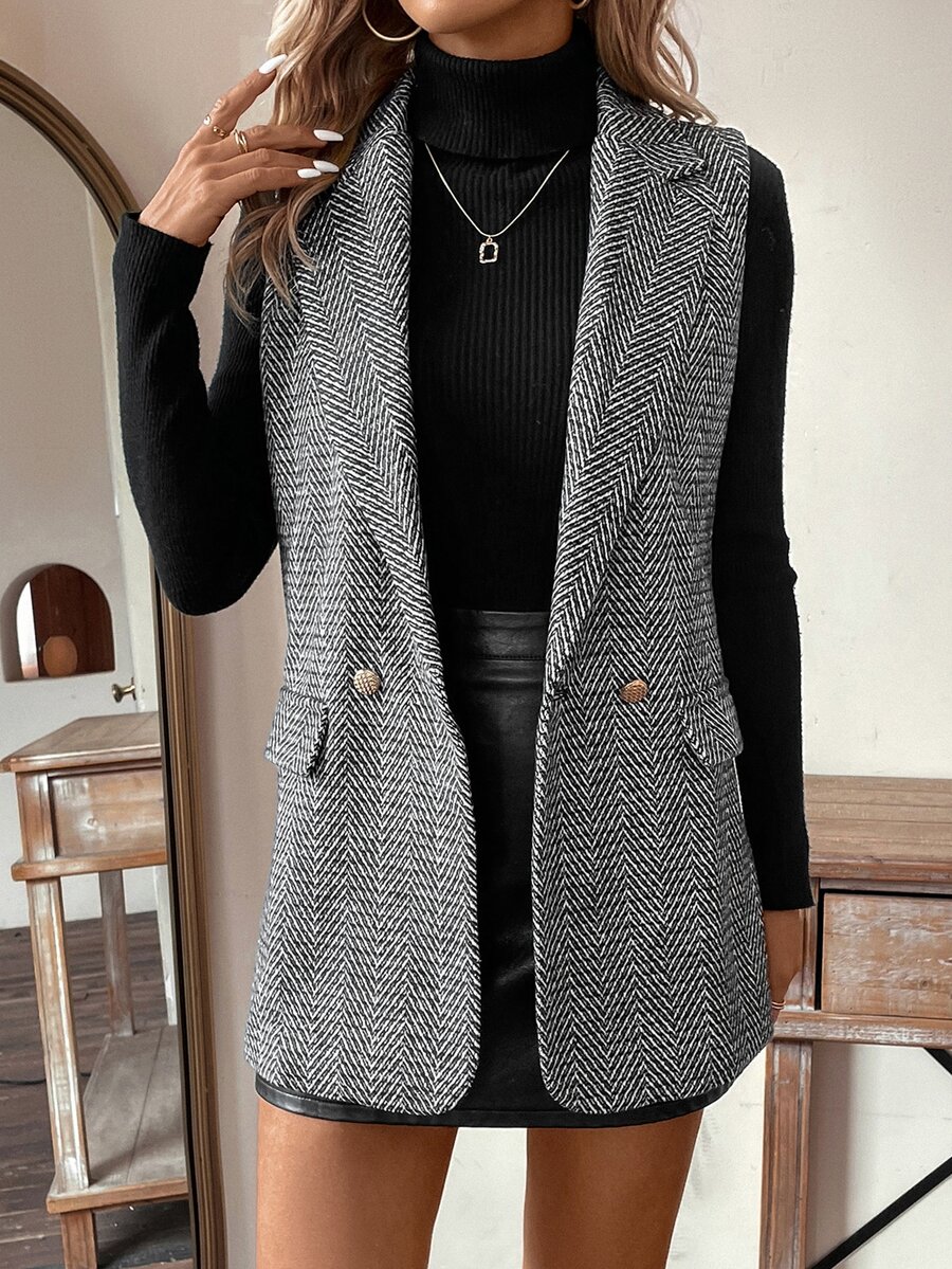 Easowa Women's Sleeveless Herringbone Blazer In Autumn/ Teachers' Day Office Business Black And White Casual Business Professional - Black - View 1
