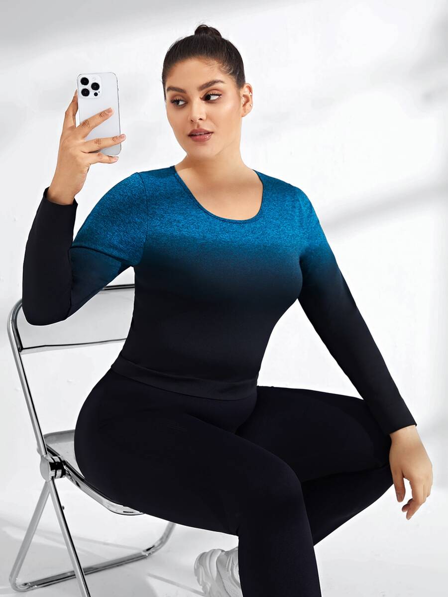 SHEIN Sports 大尺碼女士無縫漸變運動長袖t恤 - 彩色 - 查看 1