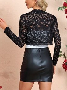 SHEIN Clasi 1pc Women's Long Sleeve Sheer Lace Jacket In Fall/Winter - Black - View 2