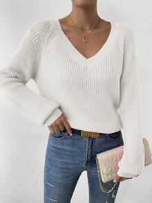 EMERY ROSE Solid Raglan Sleeve Ribbed Knit Sweater,Long Sleeve Tops Knit Pullover Fall Winter Sweater - White - View 3