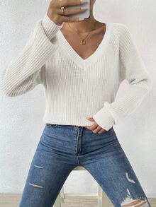 EMERY ROSE Solid Raglan Sleeve Ribbed Knit Sweater,Long Sleeve Tops Knit Pullover Fall Winter Sweater - White - View 6