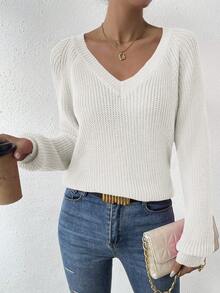EMERY ROSE Solid Raglan Sleeve Ribbed Knit Sweater,Long Sleeve Tops Knit Pullover Fall Winter Sweater - White - View 4
