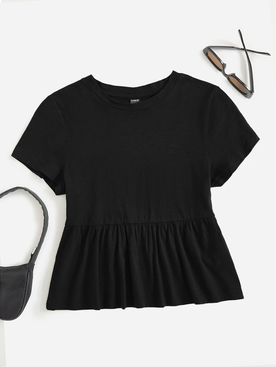 SHEIN EZwear Camiseta unicolor bajo con fruncido - Negro - Ver 1