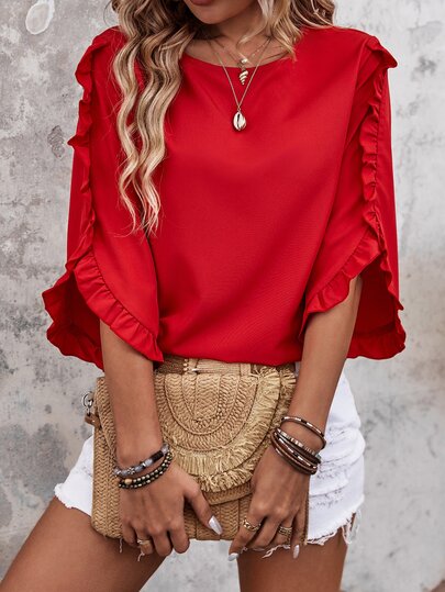 EMERY ROSE Damski czerwony letni elegancki sweter z okrągłym dekoltem na brunch, Boże Narodzenie i Nowy Rok, z falbaną, rękawami 3/4, luźny krój, kolor Redwood, top na co dzień