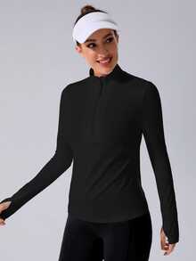 SHEIN Sports 半拉链拇指孔运动服长袖运动衫黑色拉链秋季运动衫 - 黑色 - 查看 3