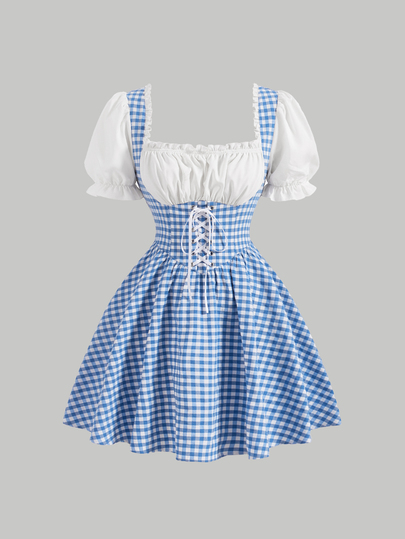 SHEIN MOD Blue And White Gingham Dress,Modest Picnic Cottagecore Style Puff Sleeves Square Neckline Corset Lace-Up Waist Ruffled Flared Skirt Cotton, Halloween
