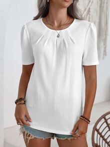 EMERY ROSE Puff Short Sleeve Blouse With Round Neckline,Short Sleeve Tops - White - View 4
