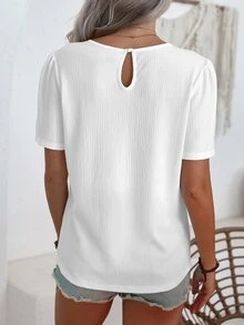 EMERY ROSE Puff Short Sleeve Blouse With Round Neckline,Short Sleeve Tops - White - View 3