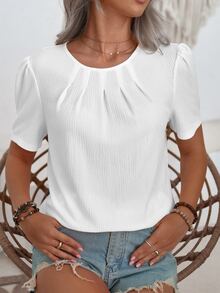 EMERY ROSE Puff Short Sleeve Blouse With Round Neckline,Short Sleeve Tops - White - View 7