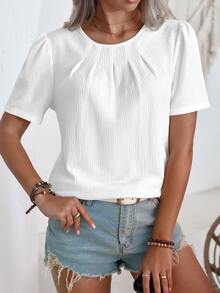 EMERY ROSE Puff Short Sleeve Blouse With Round Neckline,Short Sleeve Tops - White - View 5