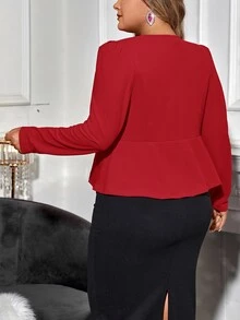 SHEIN Clasi Plus Size Women's Puff Sleeve Blazer With Curved Hem In Fall/Winter - Red - View 3