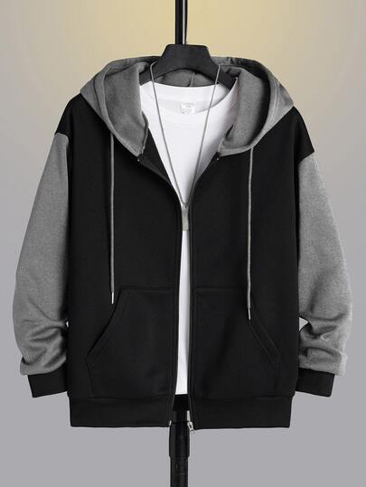 Manfinity Dauomo Men Plus Colorblock Zip Up Drawstring Hoodie Without Tee, For Fall, Long Sleeve Top