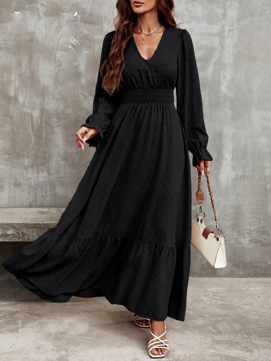 EMERY ROSE Solid Color V-Neck Elastic Waist Ruffled Hem Dress Maxi Women Outfit Fall Cloth For Women - Black - View 1