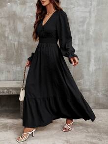 EMERY ROSE Solid Color V-Neck Elastic Waist Ruffled Hem Dress Maxi Women Outfit Fall Cloth For Women - Black - View 5
