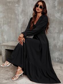 EMERY ROSE Solid Color V-Neck Elastic Waist Ruffled Hem Dress Maxi Women Outfit Fall Cloth For Women - Black - View 4