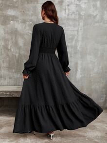 EMERY ROSE Solid Color V-Neck Elastic Waist Ruffled Hem Dress Maxi Women Outfit Fall Cloth For Women - Black - View 2