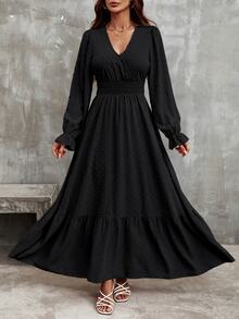 EMERY ROSE Solid Color V-Neck Elastic Waist Ruffled Hem Dress Maxi Women Outfit Fall Cloth For Women - Black - View 6