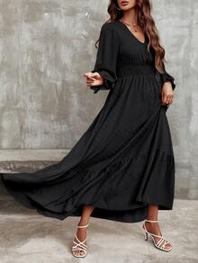 EMERY ROSE Solid Color V-Neck Elastic Waist Ruffled Hem Dress Maxi Women Outfit Fall Cloth For Women - Black - View 3