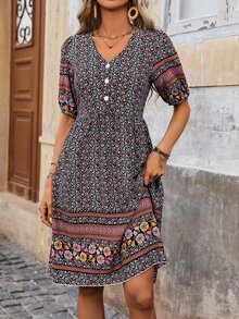 EMERY ROSE Vestido corto con mangas abullonadas y estampado floral, decoración de botones y estilo de vacaciones para conjunto de playa de verano - Negro - Ver 4