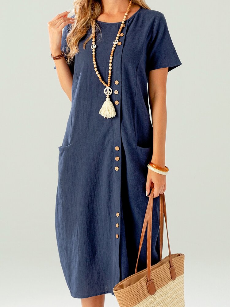 SHEIN LUNE Vacation Casual Solid Color Front Button Dual Pocket Dress - Blue - View 5